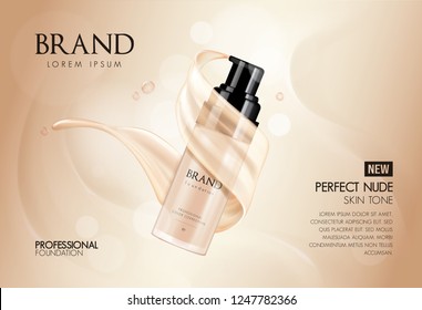 Cosmetic vector foundation premium product advertisment, ads for promotion. Make-up in bottle with its texture flowing on a soft beige background.