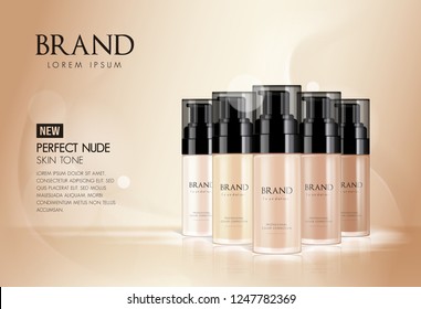 Cosmetic vector foundation premium product advertisment, ads for promotion. Make-up in bottle with its texture flowing on a soft beige background.