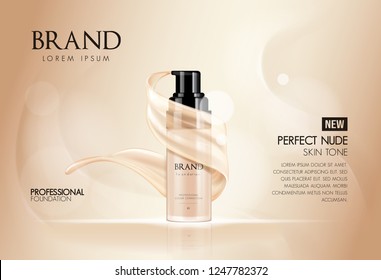 Cosmetic vector foundation premium product advertisment, ads for promotion. Make-up in bottle with its texture flowing on a soft beige background.