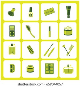 Cosmetic vector icons with linning collars, touelet water, raschic for hair and 
rouge in balls 