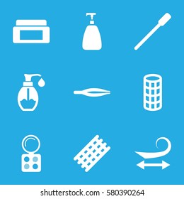 cosmetic vector icons. Set of 9 cosmetic filled icons such as cream box, nailfile, tweezers, hair curler, curly hair, soap