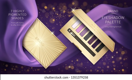 Cosmetic vector realistic eye shadow ads. Elegant golden palette, open case with purple eye shadows and make-up applicator on background of silk violet folds fabric and sparkles, decorative cosmetics