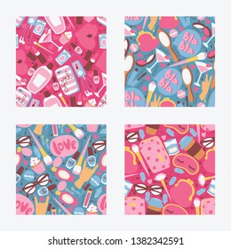 Cosmetic vector seamless pattern beauty make up cosmetology lipstick for beautiful woman makeup perfume backdrop illustration wallpaper set of girlie cosmetician accessories background.