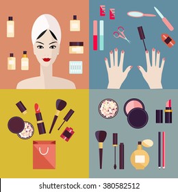 Cosmetic vector set. Vector flat icon of spa procedure and make up. Vector flat design of manicure procedure. 