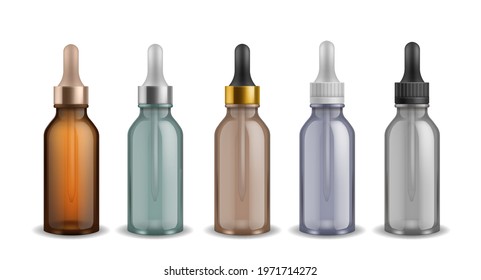 Cosmetic vials. Realistic glass bottles with dropper. 3D cylindrical container for essential liquid and pipette. Serum flacons set. Vector packaging for skincare and medicine products