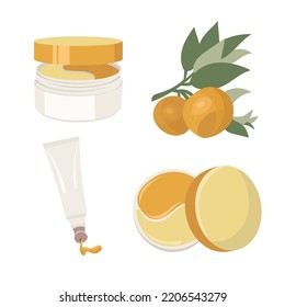 Cosmetic Vitamin C. Eye beauty care with Brightening patches Moisturizer, eye cream in tube. Oranges on a branch.  Vector flat illustration.