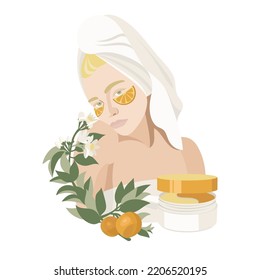 Cosmetic vitamin C. Home beauty procedures, woman with brightening eye patch and white towel on her head, Skin care routine, Orange extract. Flat vector illustration in pastel colors.