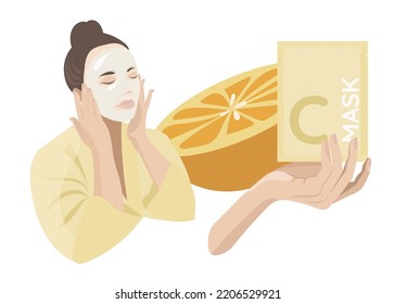 Cosmetic Vitamin C. Home Beauty Procedures, Young Woman With Brightening Face Mask And In Yellow Bathrobe, Sheet Mask In Pack, Skin Care Routine, Orange Extract. Flat Vector Illustration.