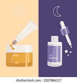 Cosmetic Vitamin C and Retinol. Day and night woman beauty face care routine, Brightening, Anti-Aging effect, Serum, Moisturizing. Flat vector illustration.