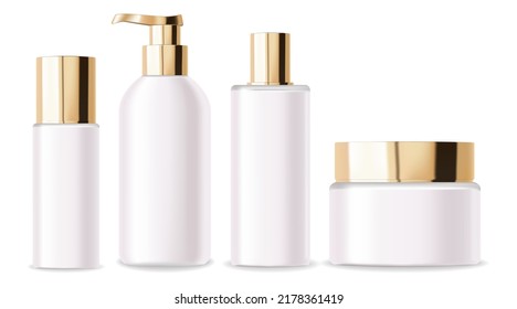 Botellas blancas cosméticas. Embalaje de oro realista para suero, crema, champú, tónico, acondicionador. Parodia cosmética vectorial aislada en fondo blanco