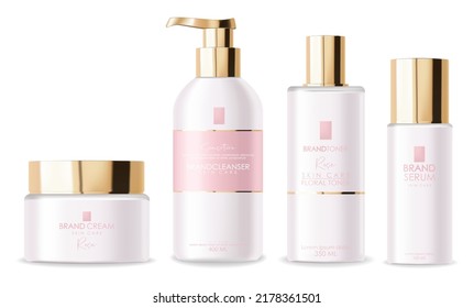 Cosmetic white bottles. Realistic gold packaging for serum, cream, shampoo, tonic, conditioner. Vector cosmeticc mockup isolated on white background