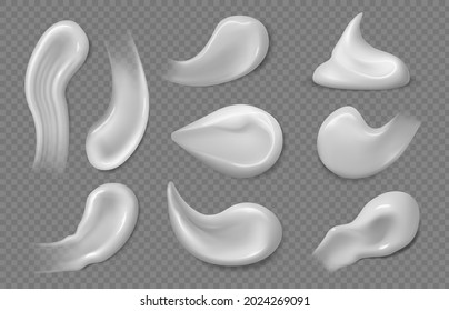 Cosmetic white cream. Sunscreen gel texture, skincare product smears and strokes. Face skin moisturizer mousse, creams isolated vector set. Illustration cosmetic swatch sunscreen and cream skin