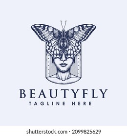 Cosmetic woman butterfly logo vintage design template illustration