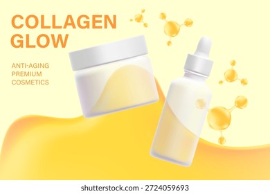 Textura líquida cosmética amarilla 3D con gota de colágeno, tarro de crema, suero, fondo de maqueta. Cartel promocional del producto para el cuidado de la piel. Anuncio comercial cosmético de la belleza, anuncio del cuidado de piel.