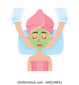 Cosmetician applying cream, mask on young woman face in spa salon, top view cartoon vector illustration on white background. Top view picture of woman getting facial mask in spa, cosmetic procedure