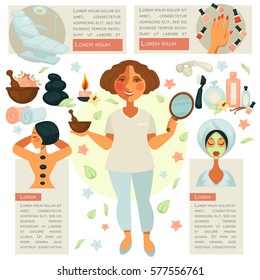 Cosmetician in centre stands with mirror and bowl. Vector web set emblems of hand with nail polishes, female person with facemask, woman with stones on back, treatment chair with text information