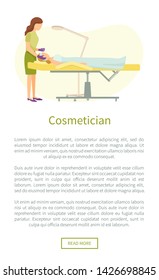 Cosmetician facial cosmetic procedures web page with text. Woman cosmetologist using tool instrument working with clients face taking care about skin