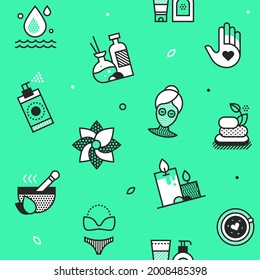 Cosmetician - pattern with line design style icons. Green background. High quality black and white images of a perfect aps and relax day. Skin care and beauty products. Healthcare and beauty idea