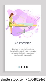Cosmetician procedures in spa salon vector, lady treating face of client professional working with facial problems, beautification of female. Website or app slider template, landing page flat style