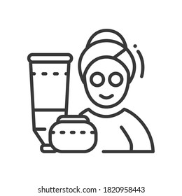 Cosmetician - vector line design single isolated icon on white background. High quality black pictogram. Image of a patient in a face mask, skin care products. Healthcare and medicine, beauty idea