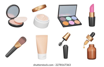 Cosmetics 3d icon set  Perfect look   beauty  powder  cream  makeup tools  lipstick  brush  foundation  mascara  face serum  Isolated icons  objects transparent background