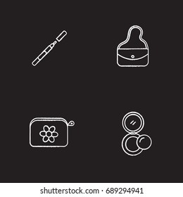 Cosmetics accessories chalk icons set. Eyeliner, purse, cosmetic bag, rouge. Isolated vector chalkboard illustrations