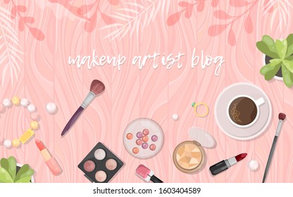 Cosmetics and accessories with coffee lie on a pink wooden table, make-up blog background