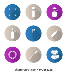 Cosmetics accessories flat design long shadow glyph icons set. Earsticks, deodorant bottles, perfume, toothbrush, toothpaste, hair scrunchy, mascara, rouge. Vector silhouette illustration