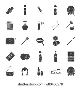 Cosmetics accessories glyph icons set. Silhouette symbols. Women goods. Hygienic care products. Toiletries. Makeup. Vector isolated illustration
