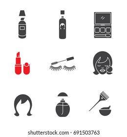 Cosmetics accessories glyph icons set. Foundation cream, hair spray, makeup kit, lipstick, mascara, woman's face, wig, perfume. Silhouette symbols. Vector isolated illustration