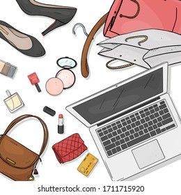 Cosmetics, accessories, laptop and credit card on a white background. Pay for online purchases on the Internet. The view from the top. For advertising, flyers, websites, and booklets.