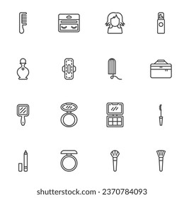 Cosmetics and accessories line icons set, outline vector symbol collection, linear style pictogram pack. Signs, logo illustration. Set includes icons as feminine hygiene, makeup cosmetics, brush, comb