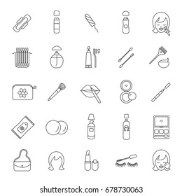 Cosmetics accessories linear icons set. Women goods. Thin line contour symbols. Hygienic care products. Toiletries. Makeup. Isolated vector outline illustrations. Editable strokes