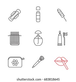 Cosmetics accessories linear icons set. Deodorant, sanitary tampon, earsticks package, perfume, toothpaste, cosmetic bag, makeup brush. Thin line contour symbols. Isolated vector outline illustrations