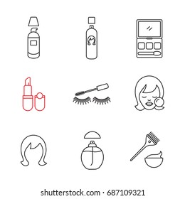 Cosmetics accessories linear icons set. Foundation cream, hair spray, makeup kit, lipstick, mascara, woman's face, wig, perfume. Thin line contour symbols. Isolated vector outline illustrations