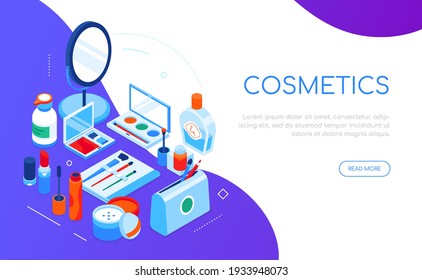 Cosmetics and accessories - modern isometric web banner with copy space for text. Colorful makeup objects illustration. Images of nail polish, cream, perfume, mascara, lipstick, eyeshadows, powder
