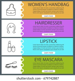 Cosmetics accessories web banner templates set. Purse, woman's wig, lipstick, mascara with eyelashes. Website color menu items with linear icons. Vector headers design concepts