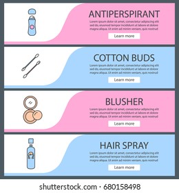Cosmetics accessories web banner templates set. Antiperspirant, cotton buds, blusher, hair spray. Website color menu items. Vector headers design concepts
