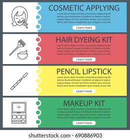 Cosmetics accessories web banner templates set. Woman with makeup brush, hair dyeing kit, pencil lipstick, eye shadows. Website color menu items with linear icons. Vector headers design concepts