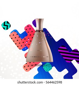 Cosmetics ads with hydrating facial cream mask bottle isolated on glitter particles background with geometric modern elements