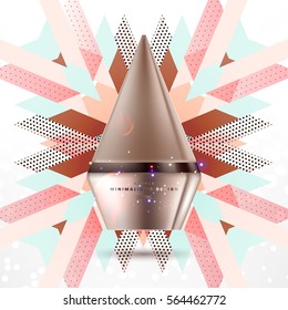 Cosmetics ads with hydrating facial cream mask bottle isolated on glitter particles background with geometric modern elements