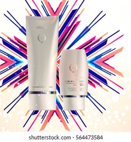 Cosmetics ads with hydrating facial cream mask bottle isolated on glitter particles background with geometric modern elements