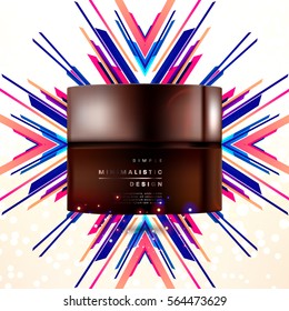 Cosmetics ads with hydrating facial cream mask bottle isolated on glitter particles background with geometric modern elements