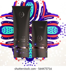Cosmetics ads with hydrating facial cream mask bottle isolated on glitter particles background with geometric modern elements
