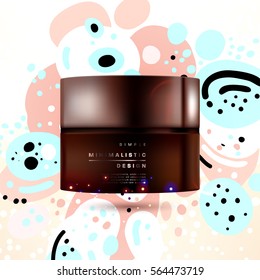 Cosmetics ads with hydrating facial cream mask bottle isolated on glitter particles background with geometric modern elements