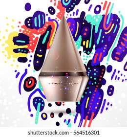 Cosmetics ads with hydrating facial cream mask bottle isolated on glitter particles background with geometric modern elements