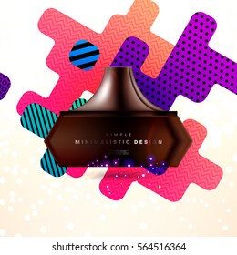 Cosmetics ads with hydrating facial cream mask bottle isolated on glitter particles background with geometric modern elements