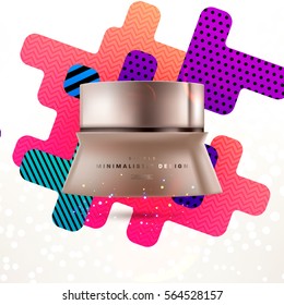 Cosmetics ads with hydrating facial cream mask bottle isolated on glitter particles background with geometric modern elements