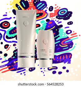 Cosmetics ads with hydrating facial cream mask bottle isolated on glitter particles background with geometric modern elements