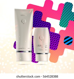 Cosmetics ads with hydrating facial cream mask bottle isolated on glitter particles background with geometric modern elements